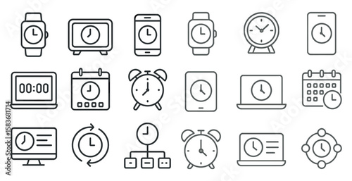 Collection of clocks and watches in various sizes and orientations. The clocks and watches are all lined up in a row, with some of them being larger than others. The collection of clocks