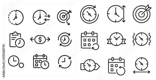 Set of white clock icons with a red arrow pointing to a calendar icon. The calendar icon has a red arrow pointing to a dollar sign