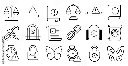 Set of icons that include a scale, a book, a clock, a butterfly, a key, a lock, a chain, a prison cell, a castle, a castle gate, a castle window, a castle door, a castle wall,