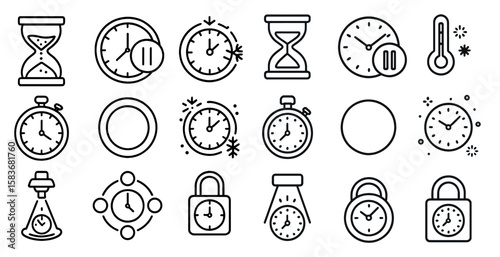 Collection of clocks and a timer. The clocks are all different sizes and shapes, and the timer is in the middle of the collection. Scene is one of organization and punctuality, as the clocks