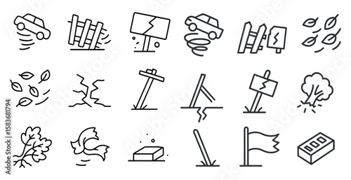 Series of icons depicting various natural disasters such as tornadoes, earthquakes, and floods. The icons are all in black and white and are arranged in a grid
