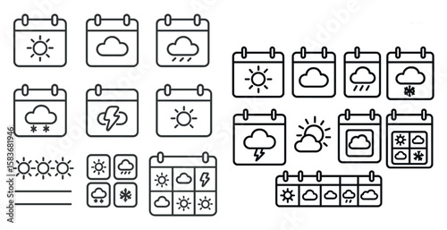 Set of weather icons and calendars. The weather icons include clouds, sun, rain, and lightning. The calendars are lined up in a row and feature different weather patterns
