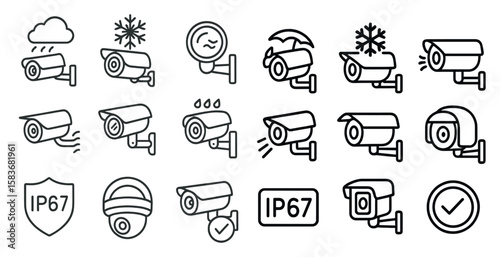 Collection of security camera icons, including a shield, a camera, and a clock. The clock is marked with a checkmark, indicating that it is functioning properly