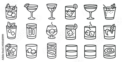 Set of 12 different types of drinks, all in glassware. The drinks include a martini, a margarita, a mojito, and a daiquiri