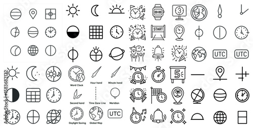 Collection of various clock and time related icons. Some of the icons include a clock, a sun, a moon, a star, a bell, and a globe