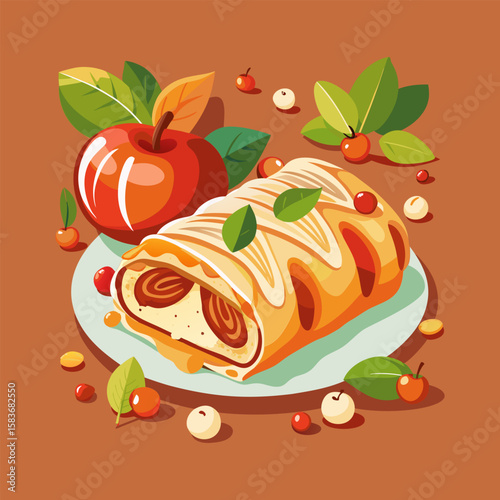 Apple strudel with autumnal elements on a plate. Sweet pastry is presented with apples. leaves. and berries. Dessert food photography for a bakery or restaurant. Fall themed