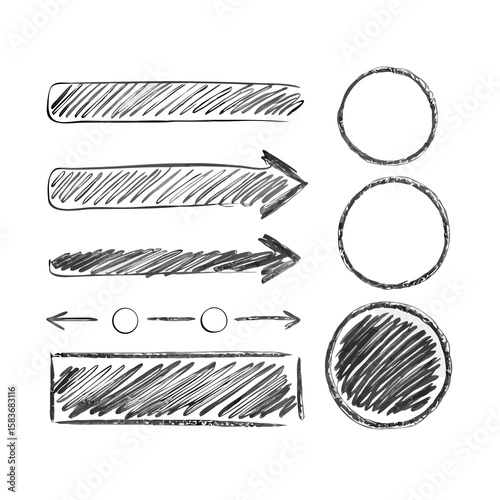 Hand drawn line chalk brush stroke arrow icon set. Chalk crayon underline, check mark, scribble and texture in rough hand sketch style. Drawn heart, frame, star design shapes. Vector illustration