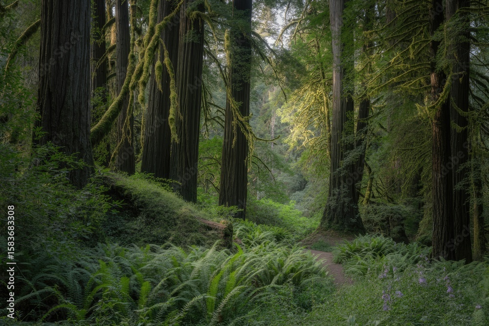 Obraz premium Sunlight Dappled Path Lush Green Moss Redwood Forest Ferns Undergrowth Ancient Trees image