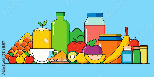 Fresh fruit and vegetable juice illustrations in a glass bottle set for a healthy breakfast