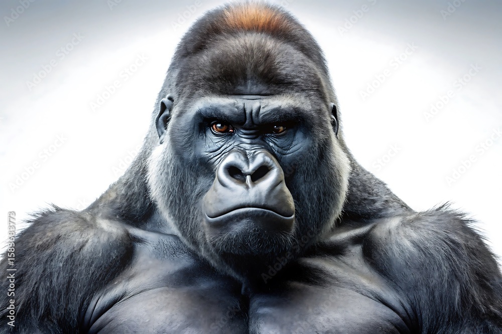 Obraz premium A powerful silverback gorilla stares intensely, isolated on white background