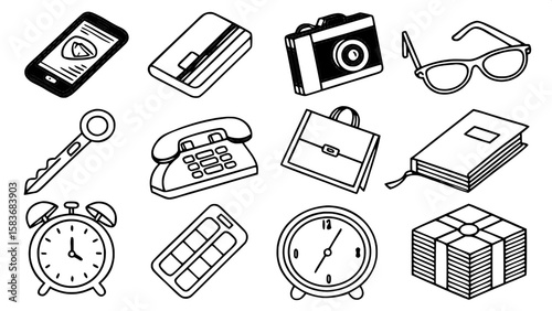 A vibrant vector icon pack of 30 everyday objects, each icon designed in bold, saturated colors with soft shadows and flat design elements. Items include phones, keys, glasses, wallets, clocks, and bo