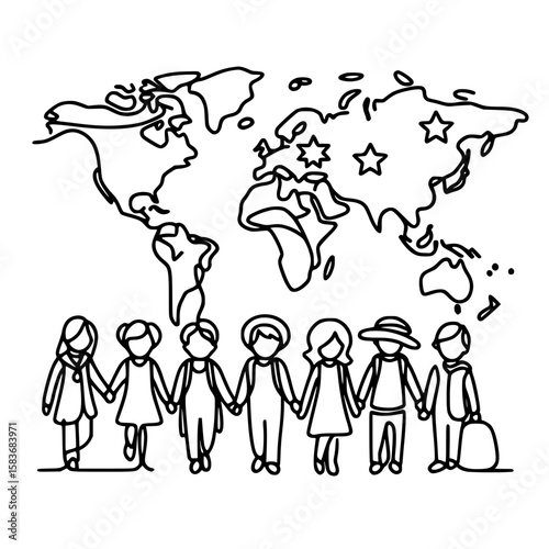 Individuals holding hands in a line with world map backdrop - Concept of single line outline vector peace day  