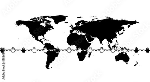 Black world map with chain design on white background for peace day  