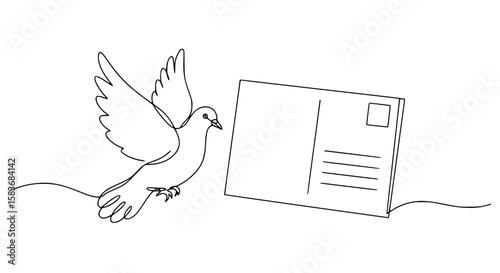 Outline vector of a dove delivering a postcard for peace day  