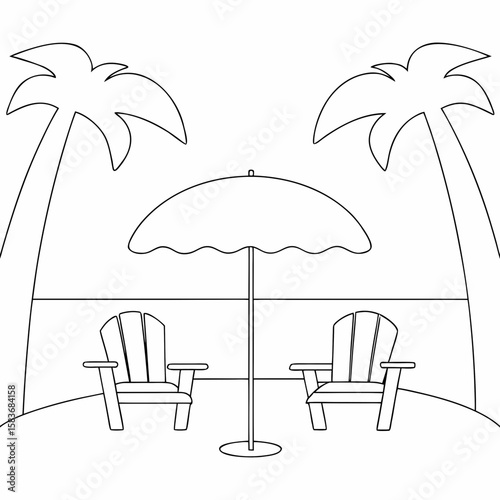 Beach chairs under palm trees umbrella tropical