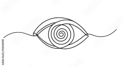 Minimalist outline of an eye with spiral design and flowing lines  