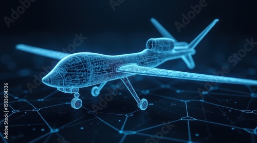 A conceptual design of a military drone blueprint with a glowing circuit overlay, symbolizing advanced avionics, AI, and electronic warfare.
