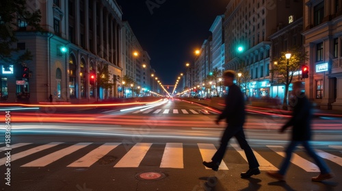 Colorful motion blurs of people on a crosswalk at night, a long exposure shot capturing the energy and speed of urban life.
