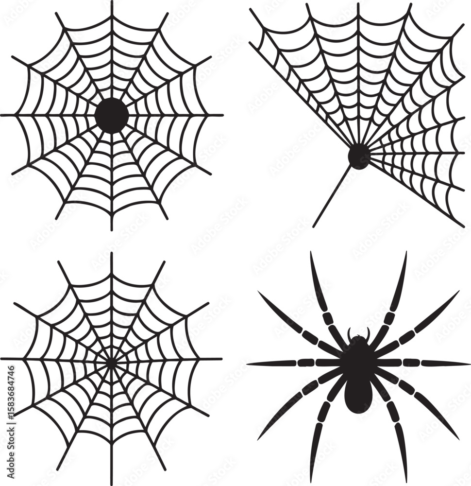 Obraz premium Set of Spider web and Spider silhouette vector illustration isolated On Transparent Background