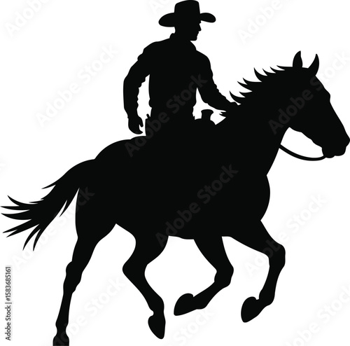Silhouette of Cowboy Riding Horse Vector Illustration, Transparent Background.