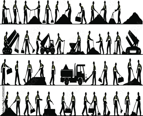 Silhouettes of People Performing Various Street Cleaning and Maintenance Tasks – Urban Workers, Cleaners, and Public Service Vector Illustration