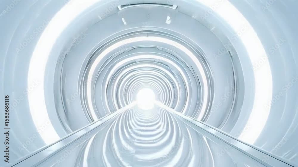 White futuristic tunnel leading to light. Wide angle. White futuristic background.