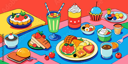 Birthday party food icons: a delightful set of fast food, pizza, burger, and hotdog illustrations with drinks and salads