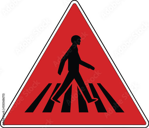 Red triangular warning sign with black silhouette of a person crossing a zebra crossing.