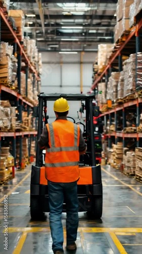 worker in warehouse with forklift.