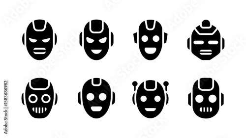 Vector art of a collection of robot head icons showcases various designs and expressions, isolated on white background