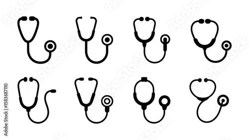 Vector art of several stethoscope icons are displayed on an isolated on white background, representing medical diagnostics