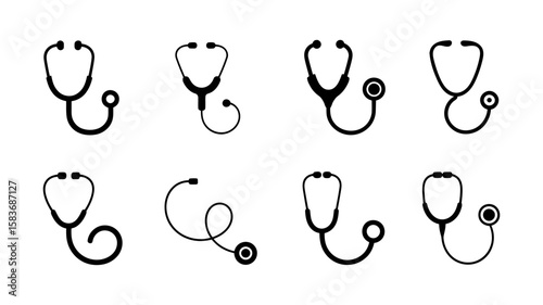 Vector art of various stethoscope icons are displayed on an isolated on white background, representing medical professionals