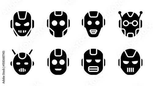 Vector art of a diverse set of robot head icons features various styles and details, isolated on white background