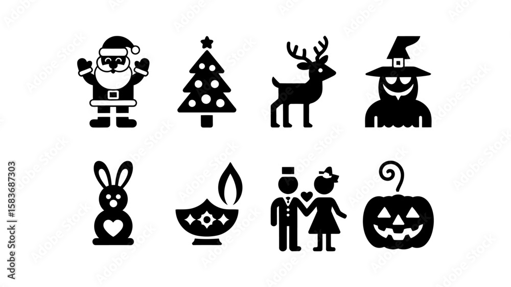 Obraz premium Vector art of a festive collection of holiday icons, including santa, a christmas tree, a deer, a witch, a rabbit, and a pumpkin isolated on white background
