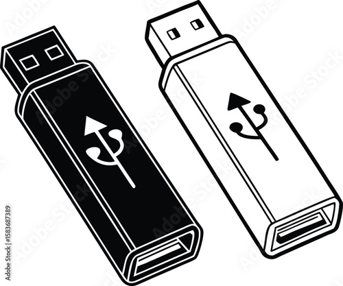 Two stylized usb flash drives one black and one white with usb symbols.