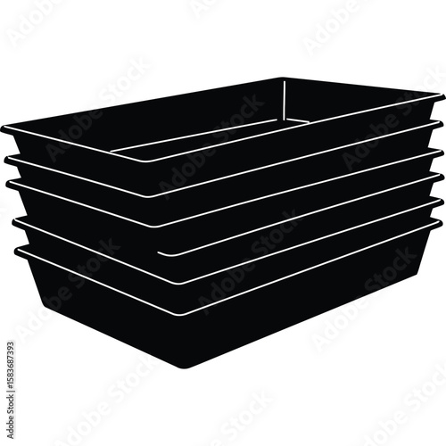 Stacked Black Plastic Trays, Industrial Containers, Storage Boxes