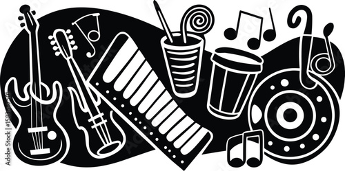 Vibrant Music Doodles Collection Featuring Instruments and Notes on Transparent Background