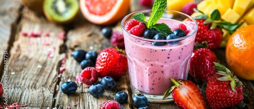 Fresh fruit yoghurt and mix fruit for healthy and dieting. Health care people with smoothie drink of on the wood background