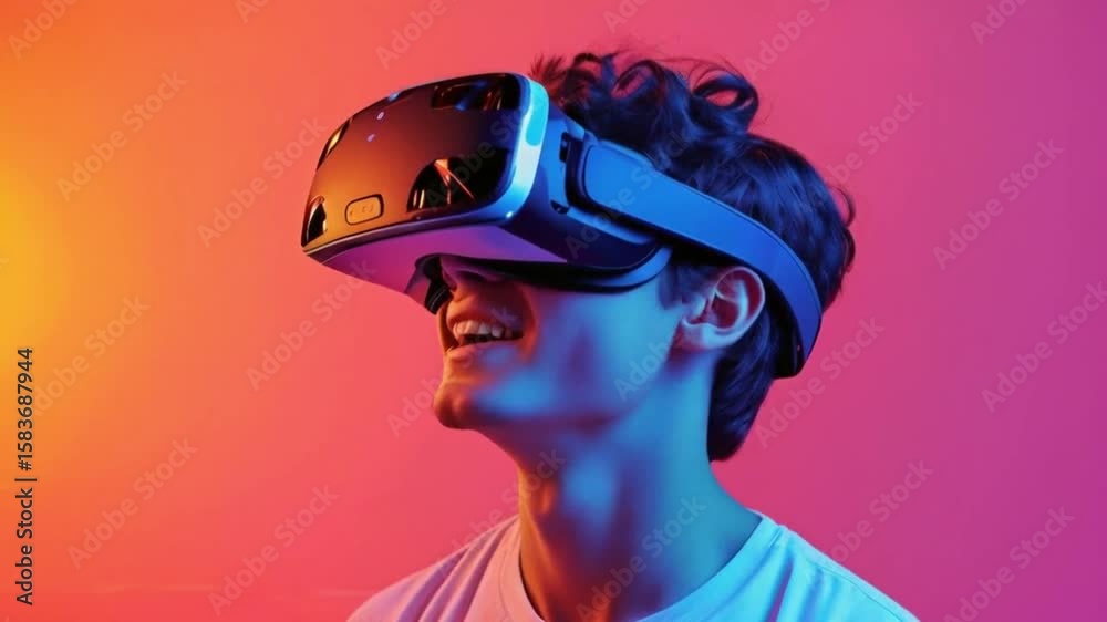 Young man playing a virtual reality video game. an in VR glasses.