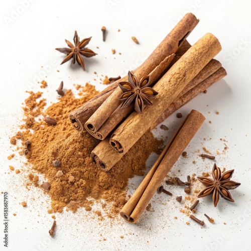 Cinnamon sticks star anise and cloves scattered with cinnamon powder isolated on white background