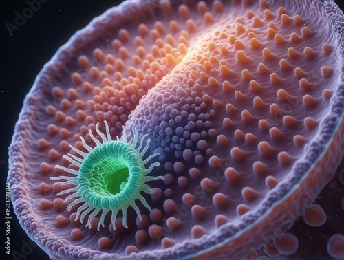 Photonic crystal surface of Collinsella bacteria attaching to intestinal villi. Biofilm EPS glow with mucus refraction, actinobacteria probiotic. Microbiology, anaerobe, intestinal microbiota.