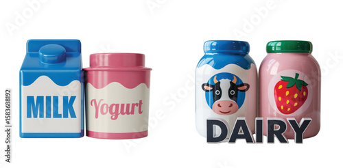 Cartoon Dairy Products Milk Yogurt and Dairy Jars with Cow and Strawberry Illustrations on White Background