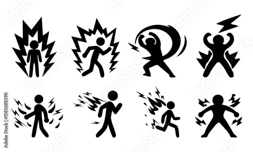 Black silhouette stick figures with lightning bolts show power and energy