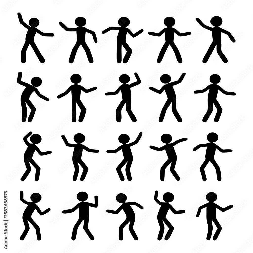 Fototapeta premium Stick figures dancing show various poses, simple black silhouettes