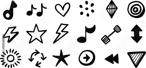 Hand Drawn Doodle Icon Collection with Black Red Green Blue Yellow Elements on Transparent Background