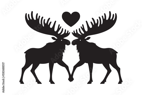 Silhouette of Two Moose in Love with Heart.