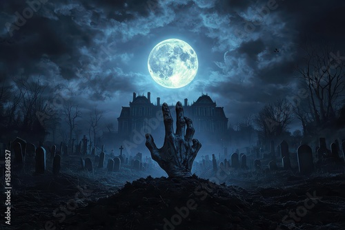 A skeletal hand emerges from a grave under a full moon, with a spooky mansion and foggy graveyard in the eerie night.