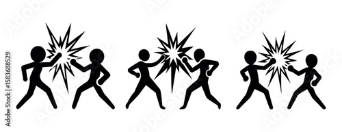 Stick figures boxing match, showing action and impact with starburst effects in black