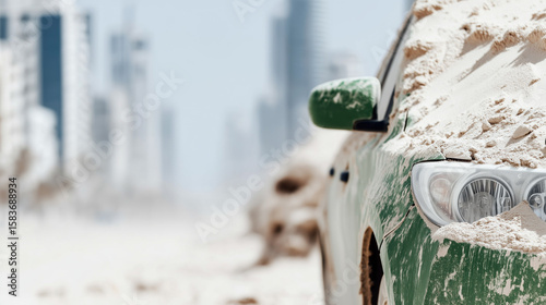 Dusty Car Skyline: Urban Adventure and Offroad Explorations in a Metropolis Cityscape