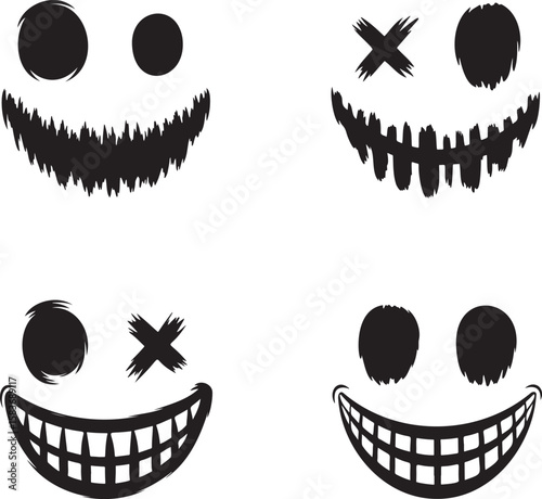 Set of terrifying smile face silhouette vector illustration isolated On Transparent Background